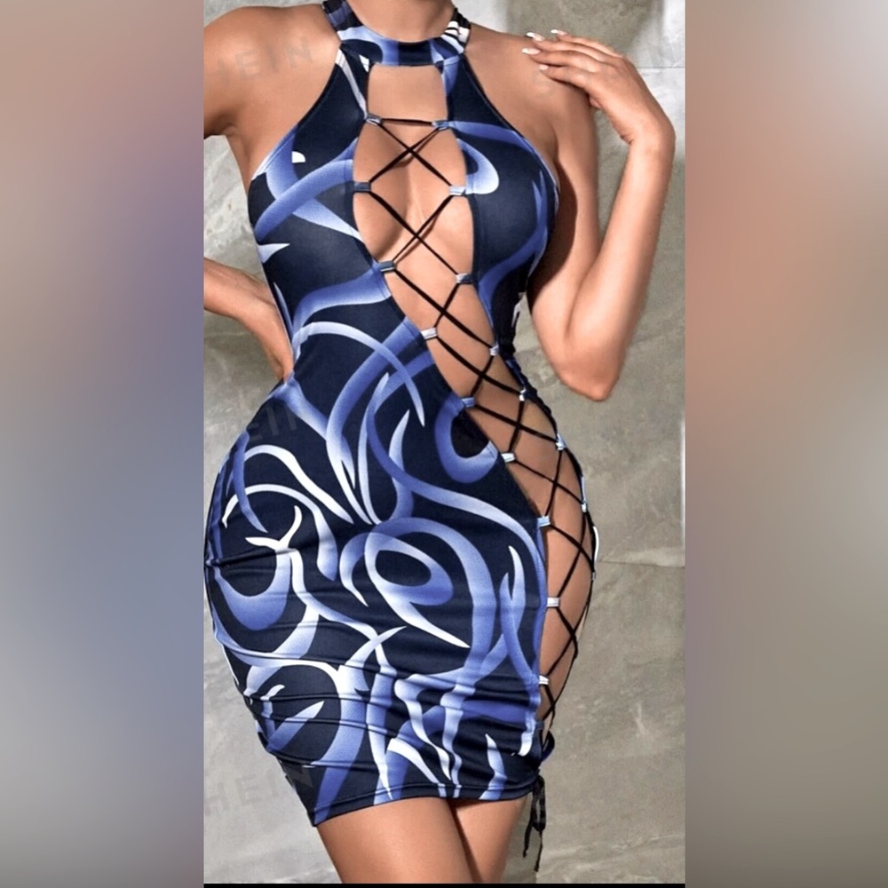 💎NEW • SHEIN • Blue Crisscross Lace Up Dress 💎